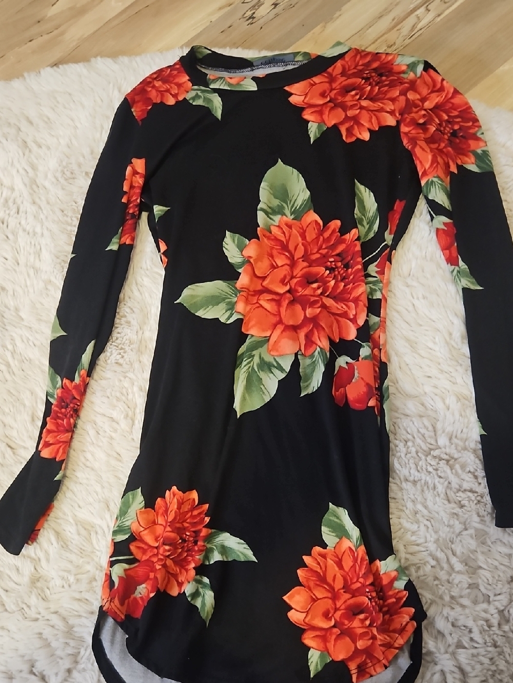Black Floral Long-Sleeve Fitted Dress with Red Blooms
